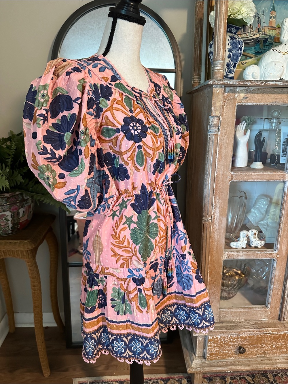 FARM Rio Pink Floral Puff-Sleeve Mini Dress with Blue & Green Print - Picture 6 of 8